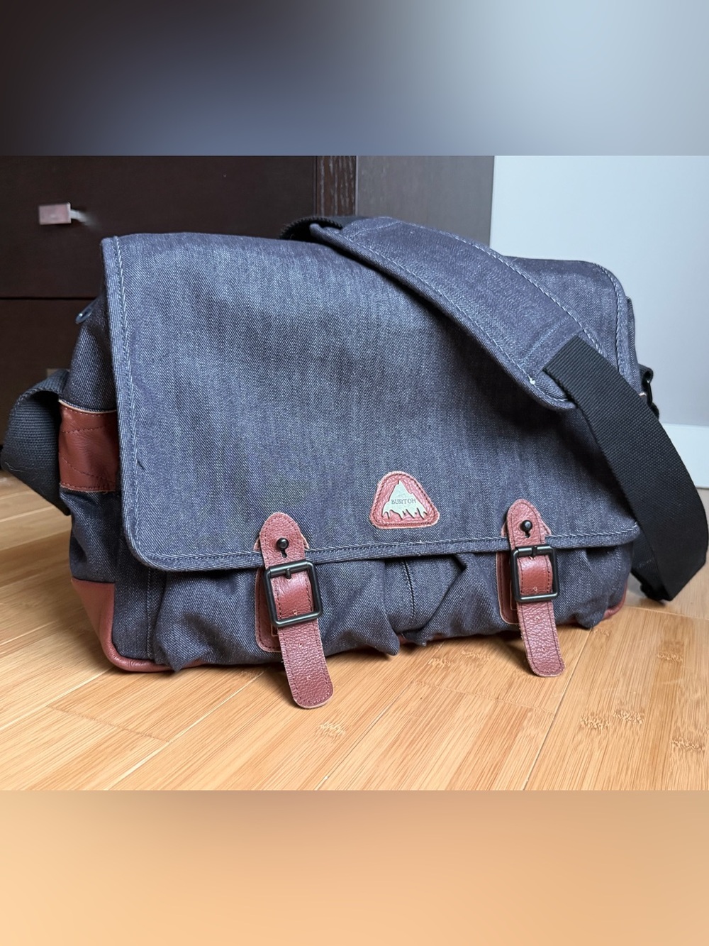Burton Navy Blue Messenger Bag with Brown Leather Trim